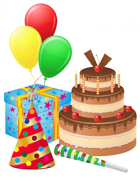 Download Happy birthday cake, gift box, balloons and decorative elements set vector illustration ...