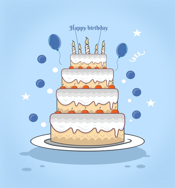 Download Happy birthday cake with balloon and bubble flat | Premium ...
