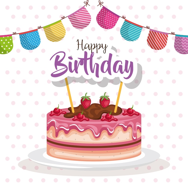 Download Happy birthday cake with garland celebration card Vector ...