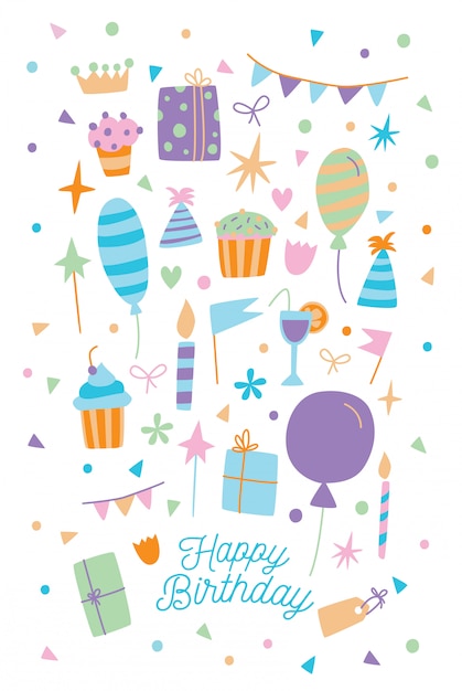 お誕生日おめでとうカード ギフト用の箱 お菓子 風船と漫画のポストカードのイラスト プレミアムベクター