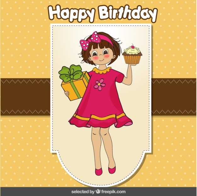 Happy birthday card with a girl bringing a\
cupcake and present