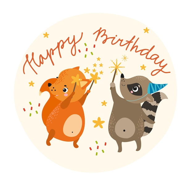 動物とお誕生日おめでとうカード 無料のベクター