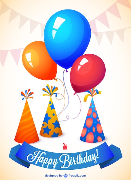 Download Free Vector | Happy birthday card with balloons and party hats