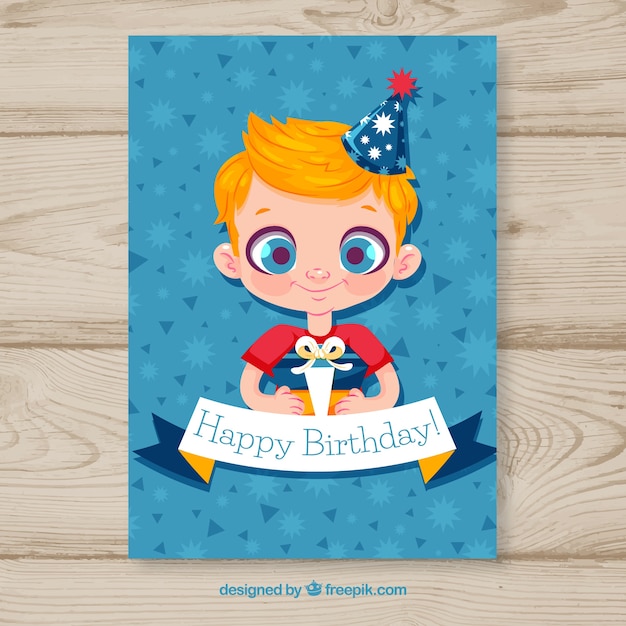 Download Happy birthday card with boy in flat style | Free Vector