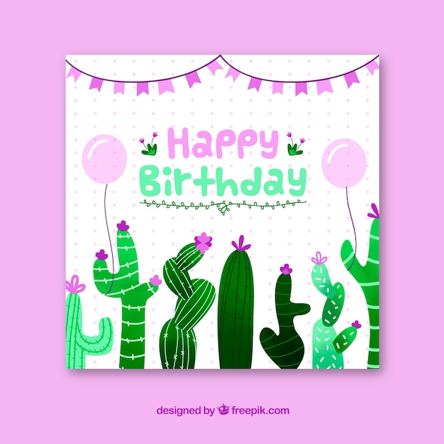 Happy birthday card with cactus in flat style Vector Free Download
