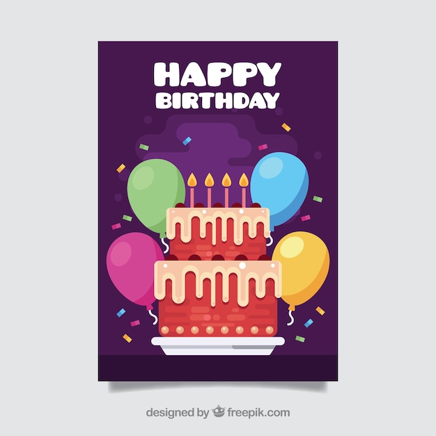 Happy birthday card with cake in flat
style