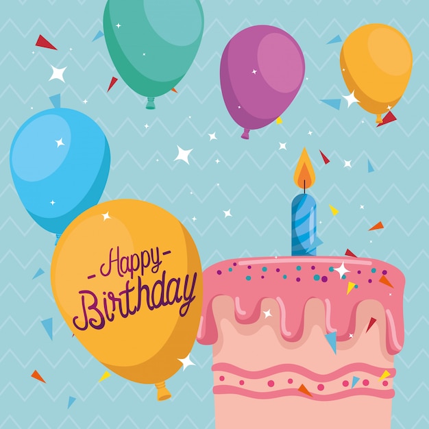 Premium Vector | Happy birthday card with cake and party decoration