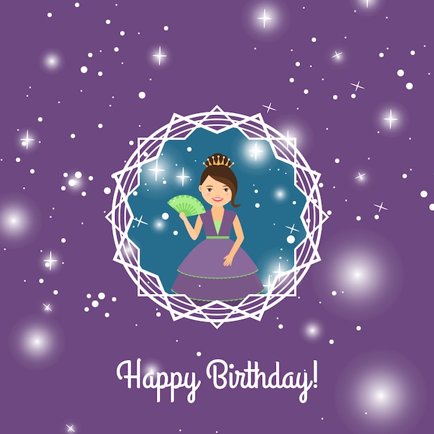 Happy birthday card with cartoon princess | Premium Vector
