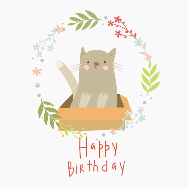 ボックスに猫とお誕生日おめでとうカード 無料のベクター