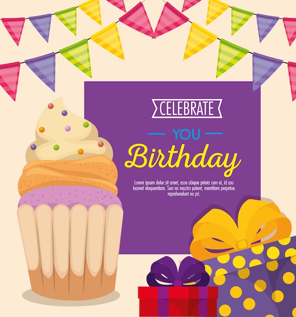 Premium Vector Happy Birthday Card With Cupcake And Giftbox