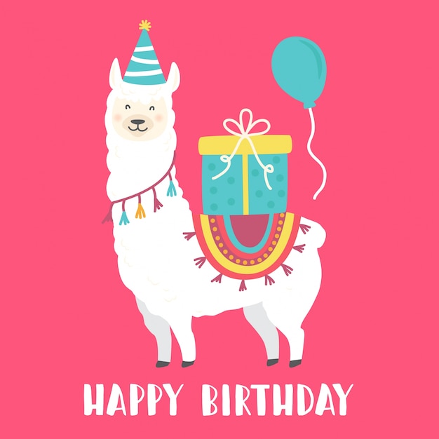 Happy birthday card with cute cartoon llama Vector ...