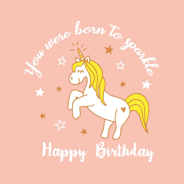 Happy Birthday Card With Cute Cartoon Unicorn Character Premium