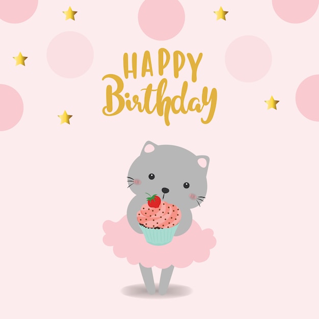 Download Happy birthday card with cute cat. | Premium Vector