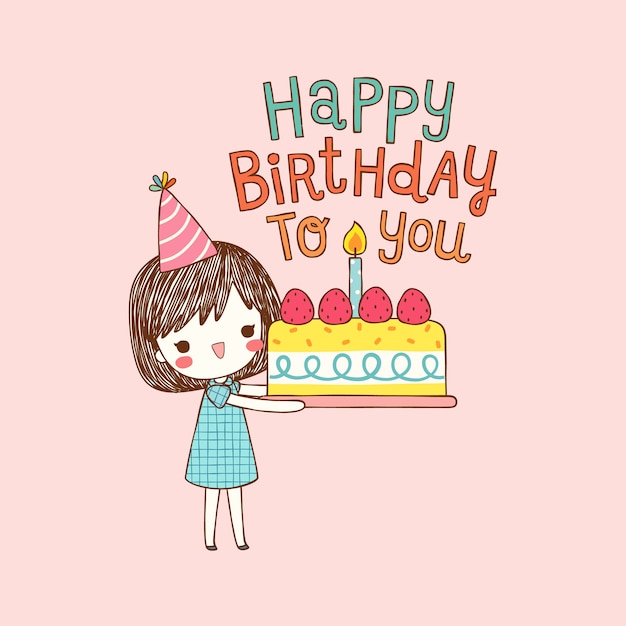 Happy birthday card with cute girl in flat style Vector | Premium Download