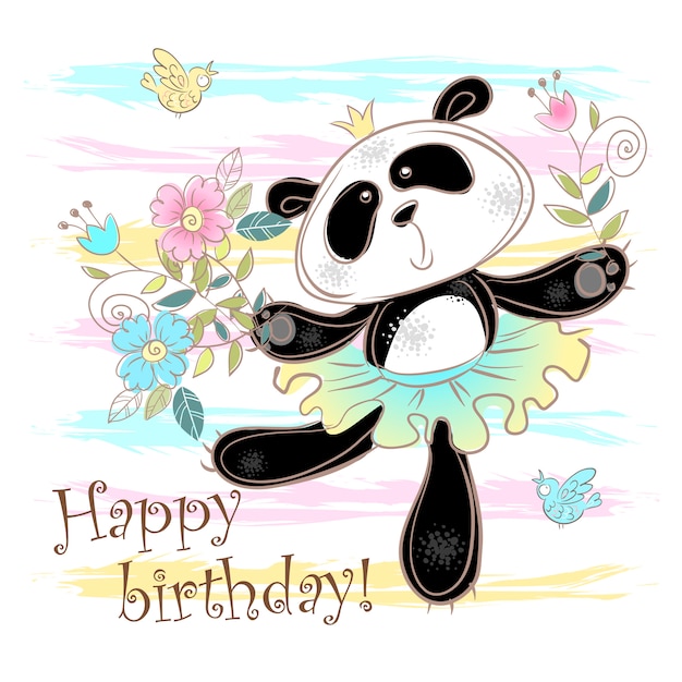 Download Happy birthday card with a cute panda in a skirt. Vector ...