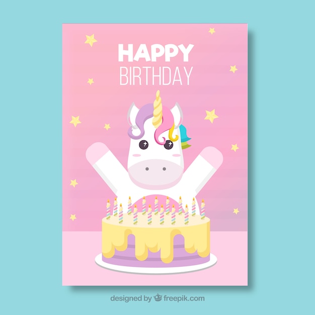 Happy birthday card with cute unicorn and
cake