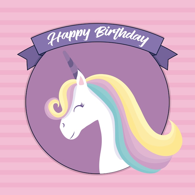 Download Happy birthday card with cute unicorn head Vector ...