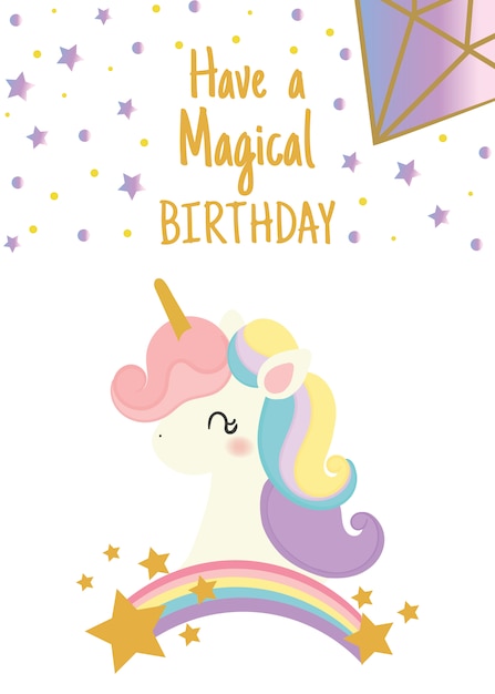 Happy birthday card with cute unicorn | Premium Vector