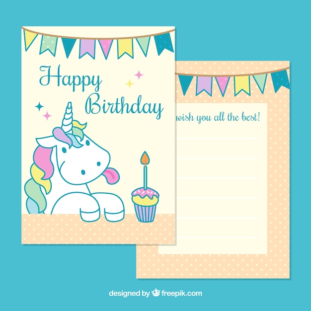 Download Happy birthday card with cute unicorn Vector | Free Download