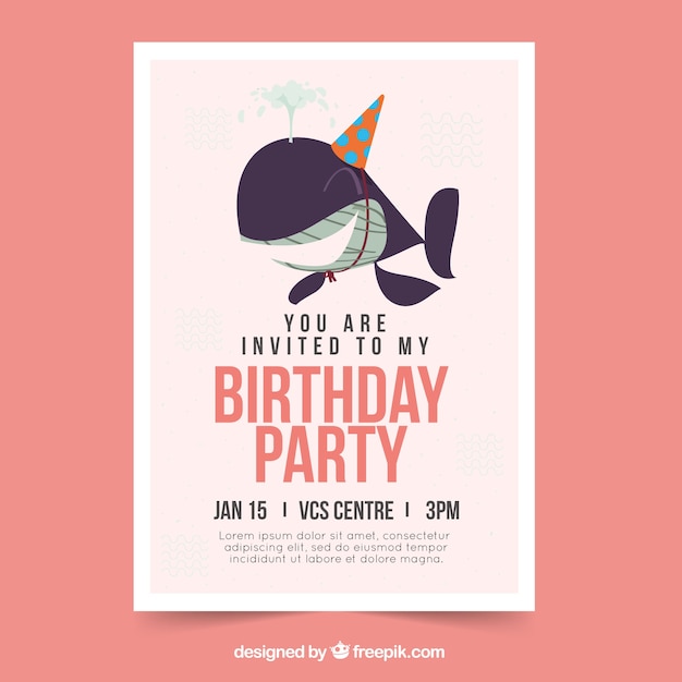 Happy birthday card with cute whale in flat\
style
