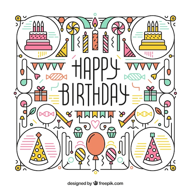 Happy birthday card with elements in linear style Vector | Free Download