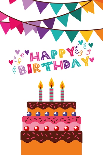 花輪とケーキのシーンベクトルイラストデザインの誕生日カード プレミアムベクター