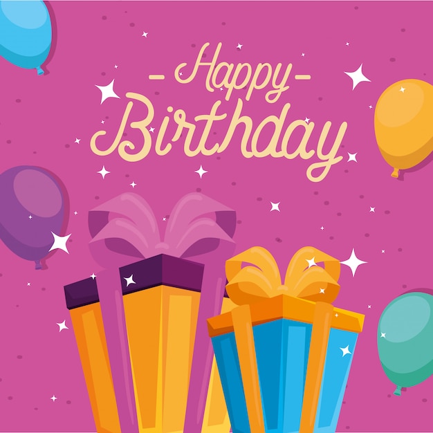 Premium Vector | Happy birthday card with gifts and party decoration