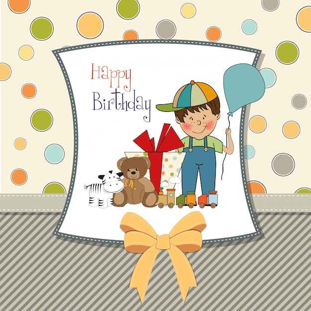 Premium Vector Happy Birthday Card With Little Boy And Toys