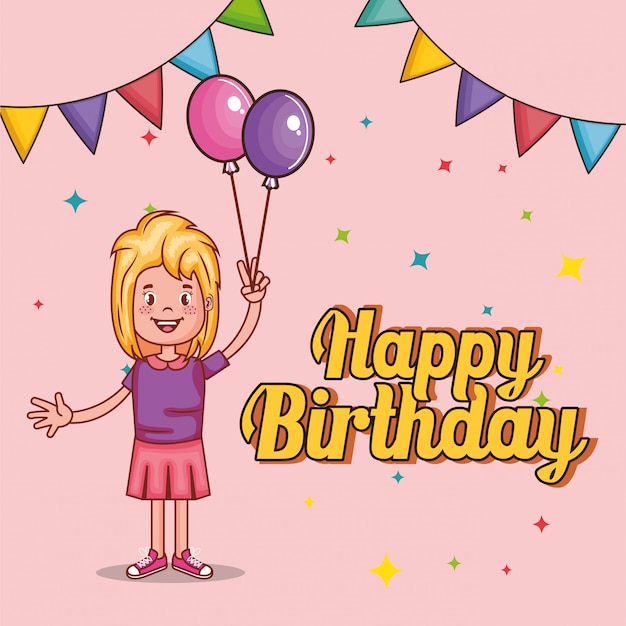 Happy birthday card with little girl Vector | Free Download