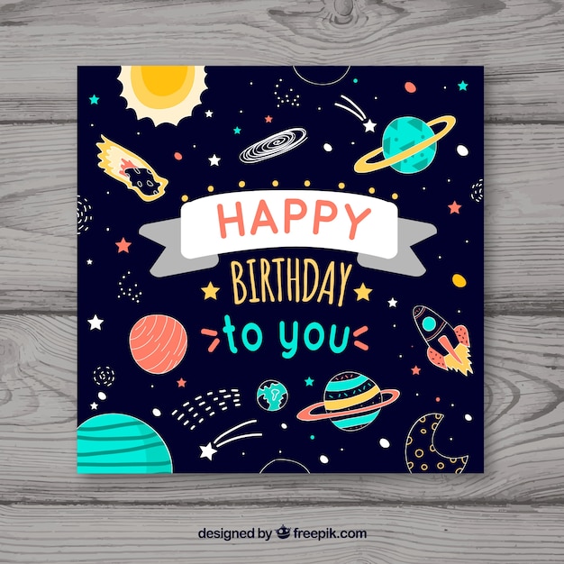 Happy birthday card with planets in flat\
style