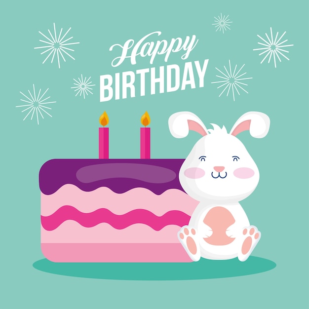ウサギとケーキのシーンベクトルイラストデザインの誕生日カード プレミアムベクター