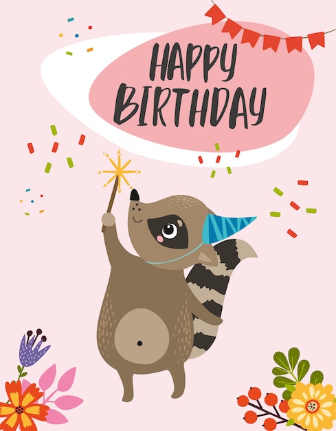 Free Vector | Happy birthday card with raccoon in the cap