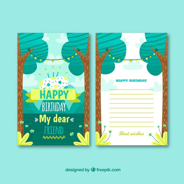 Free Vector | Happy birthday card with trees in flat style