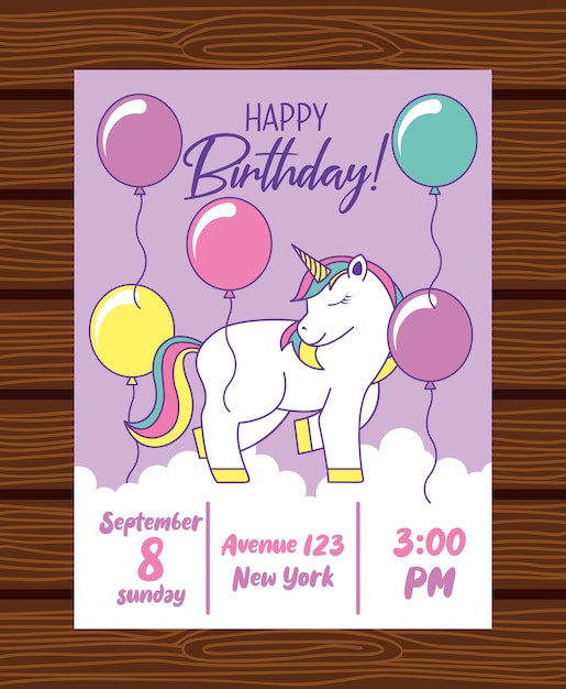 Download Happy birthday card with unicorn Vector | Premium Download