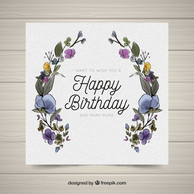 Happy Birthday Card With Watercolor Flowers Free Vector