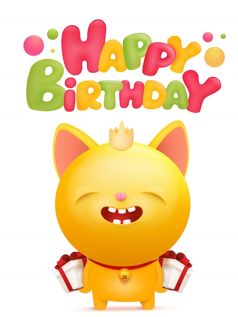 Download Happy birthday card with yellow emoji cat character. Vector | Premium Download