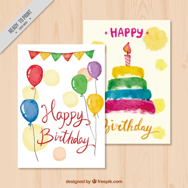 Happy birthday cards with cake and watercolor
balloons