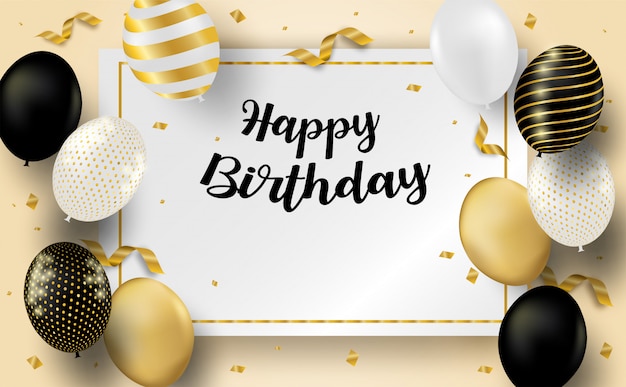 Premium Vector Happy Birthday Celebration Card Design With Black White Gold Balloons And Gold Foil Confetti Soft Background