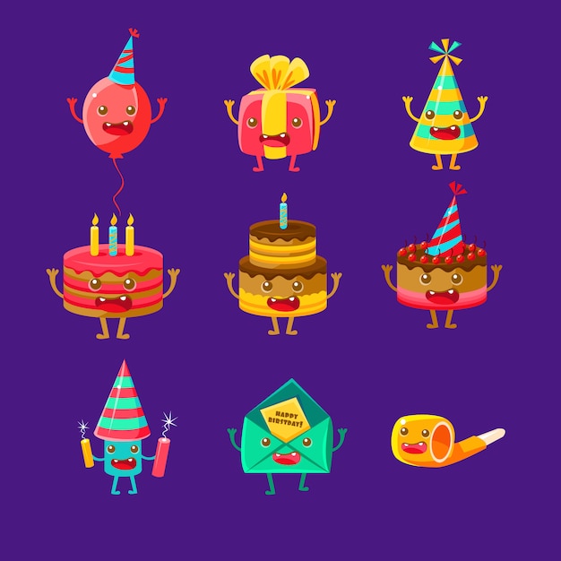 Happy birthday and celebration party symbols cartoon ...