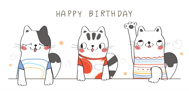 お誕生日おめでとうございます かわいい猫挨拶イラスト プレミアムベクター