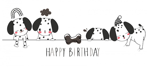お誕生日おめでとうございます かわいいダルメシアン犬挨拶イラスト プレミアムベクター