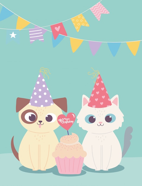 お誕生日おめでとう かわいい犬と猫とパーティーハットとカップケーキ お祝い装飾漫画 プレミアムベクター