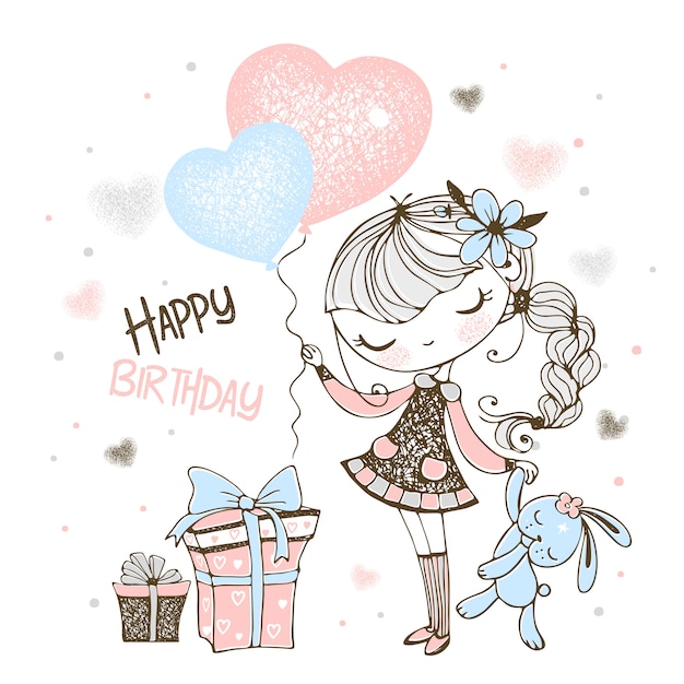 Premium Vector Happy Birthday Cute Girl With Balloons Gifts And Toy Bunny