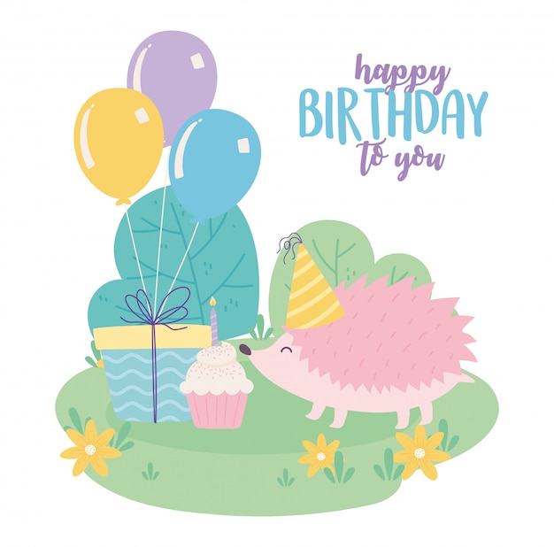 Premium Vector | Happy birthday, cute hedgehog with gift cupcake and ...