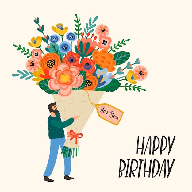Download Happy birthday. cute man with bouquet of flowers. | Premium Vector