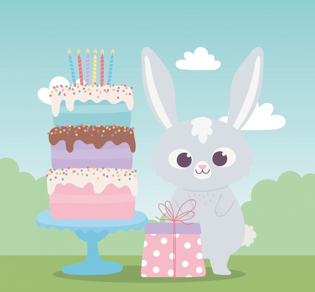 お誕生日おめでとう かわいいウサギと甘いケーキ ギフトお祝い装飾漫画 プレミアムベクター
