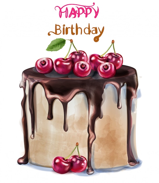 Happy birthday delicious cherry cake watercolor | Premium ...