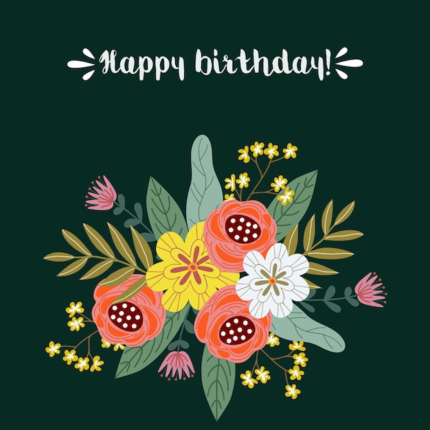 お誕生日おめでとう 花の手描きデザインコンセプト テキストと花の花束 プレミアムベクター