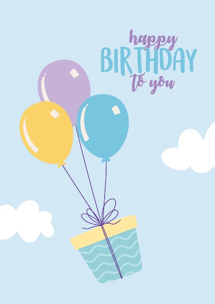 Premium Vector | Happy birthday, flying gift box with balloons ...