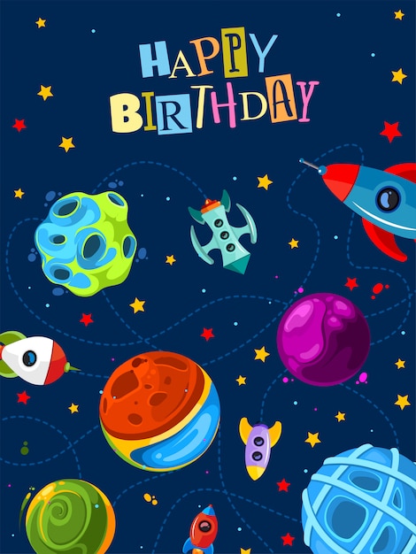 かわいい惑星とロケット誕生日ギフトカード プレミアムベクター